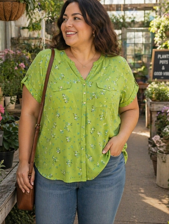 Lily Morgan Tops - Lily Morgan Floral Blouse 2X | Green Stretchy Button Front Top Plus Size